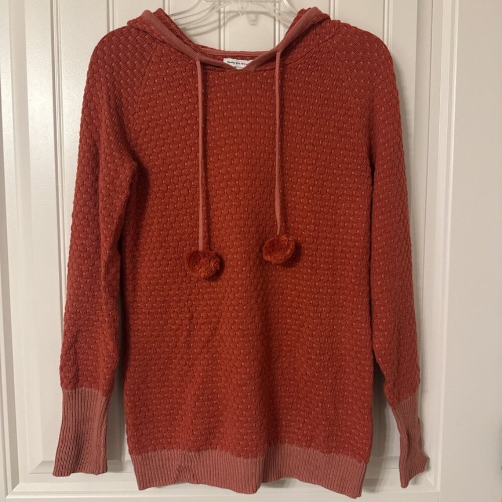 Orange Knit Winter Sweater Hoodie with Pom Pom Detail